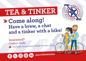 Tea & Tinker. Come along! Have a brew, a chat and a tinker with a bike! Interested? contact andy @ community bike kitchen .co.uk