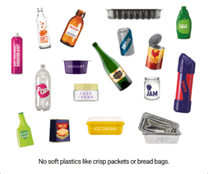 A selection of items that go into the mixed recycling bin: deodorant can, glass bottle, medicine bottle, food tray, washing up liquid bottle, drinks can, food can, bleach bottle, plastic bottle, ice cream tub, takeaway foil, face cream jar. No soft plastics like crisps packets or bread bags.