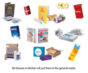 A selection of items that go into the paper & card recycling bin: Takeaway menu, greetings card, paper wrapping, egg carton, tomato carton, milk carton, magazine, printed paper, cereal box, tissue box, juice box. No tissues or kitchen roll, put them in the general waste.
