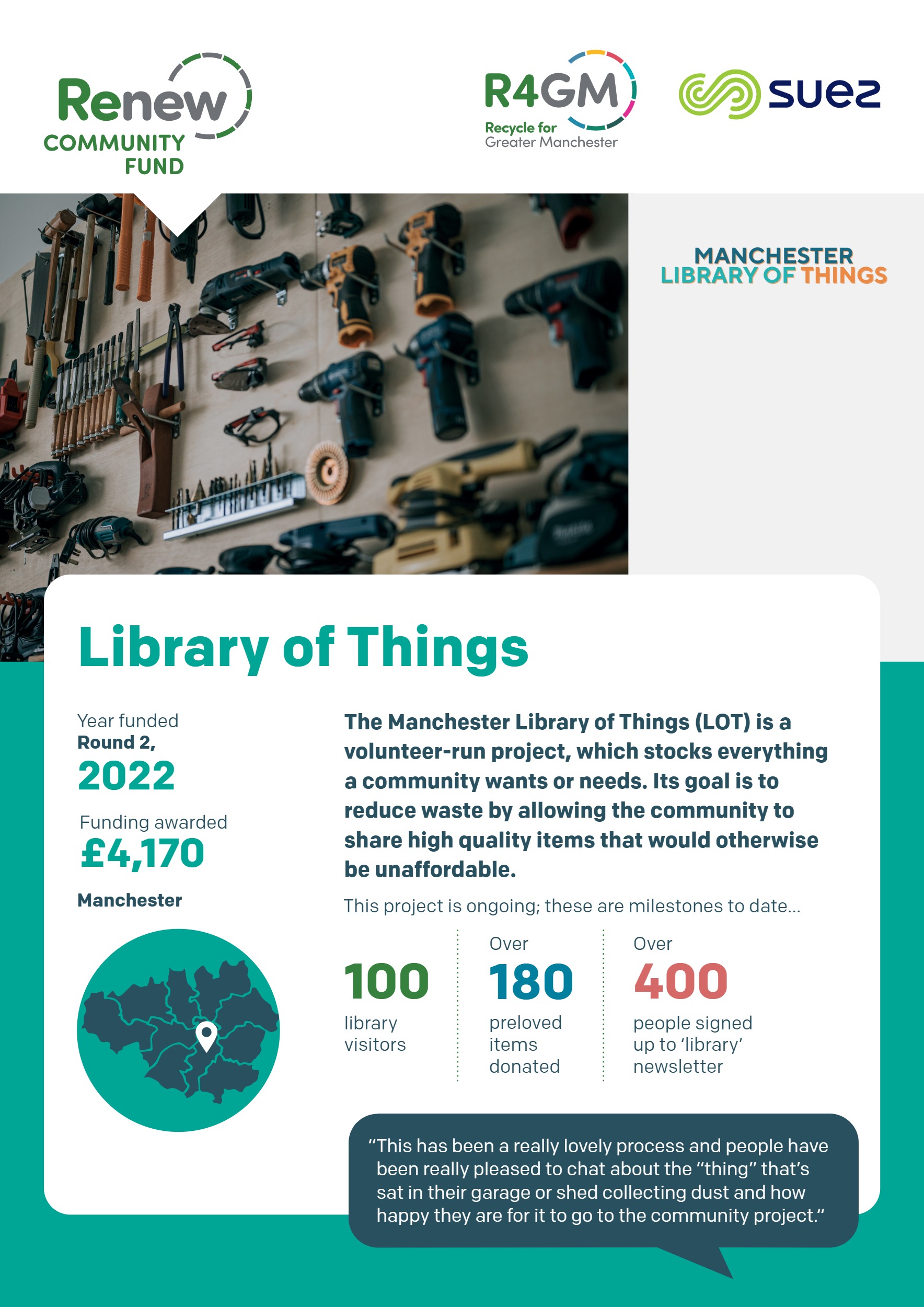 Celebrating Renew 8 An infographic poster for the Manchester Library of Things, featuring a pegboard wall with various shared tools, details their £4,170 funding in 2022, highlighting over 100 visitors, 180 donated items, and 400 newsletter sign-ups, with logos of Renew Community Fund, R4GM, and Suez at the top.