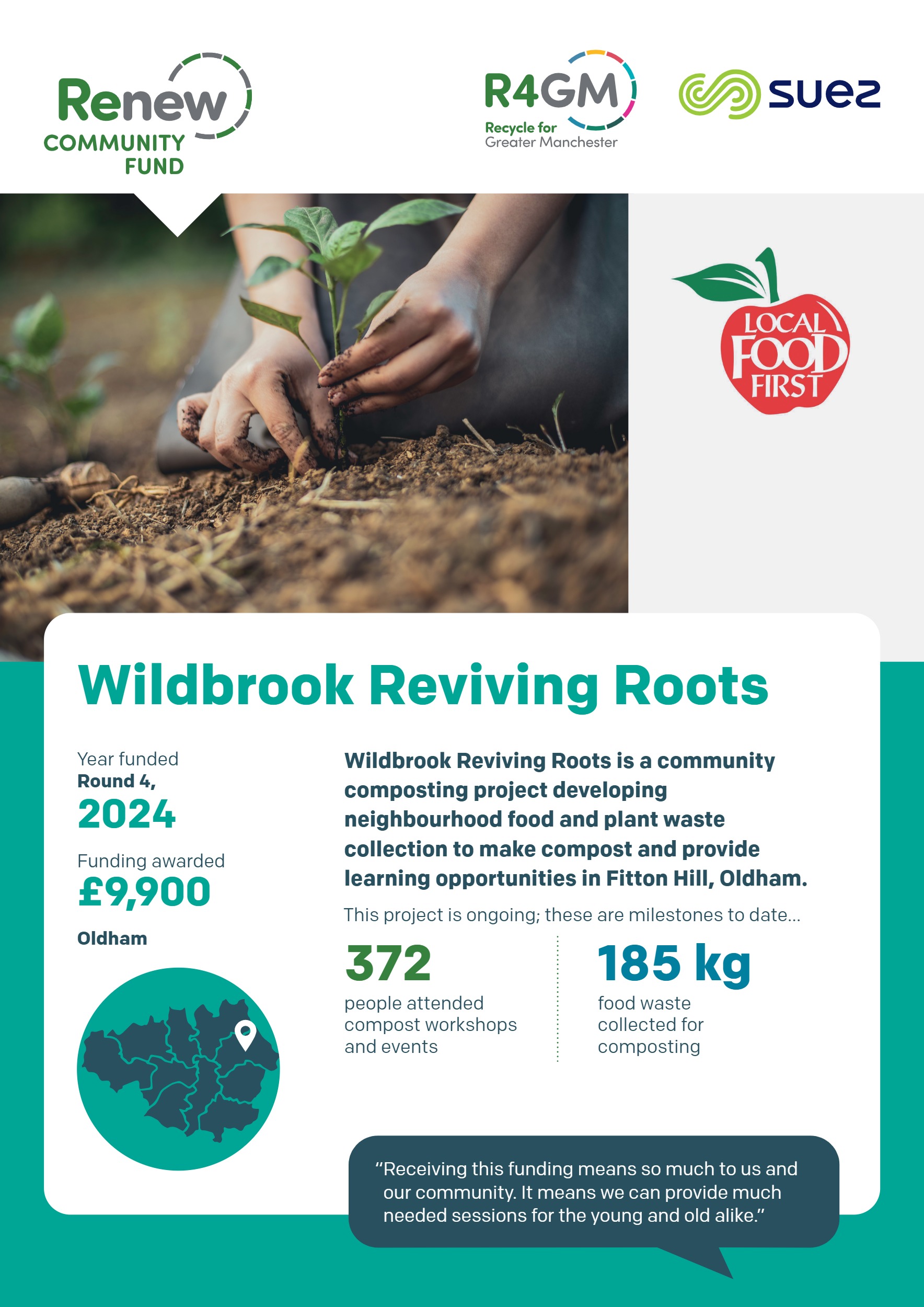 Celebrating Renew 13 An infographic poster for the Manchester Library of Things, featuring a pegboard wall with various shared tools, details their £4,170 funding in 2022, highlighting over 100 visitors, 180 donated items, and 400 newsletter sign-ups, with logos of Renew Community Fund, R4GM, and Suez at the top.