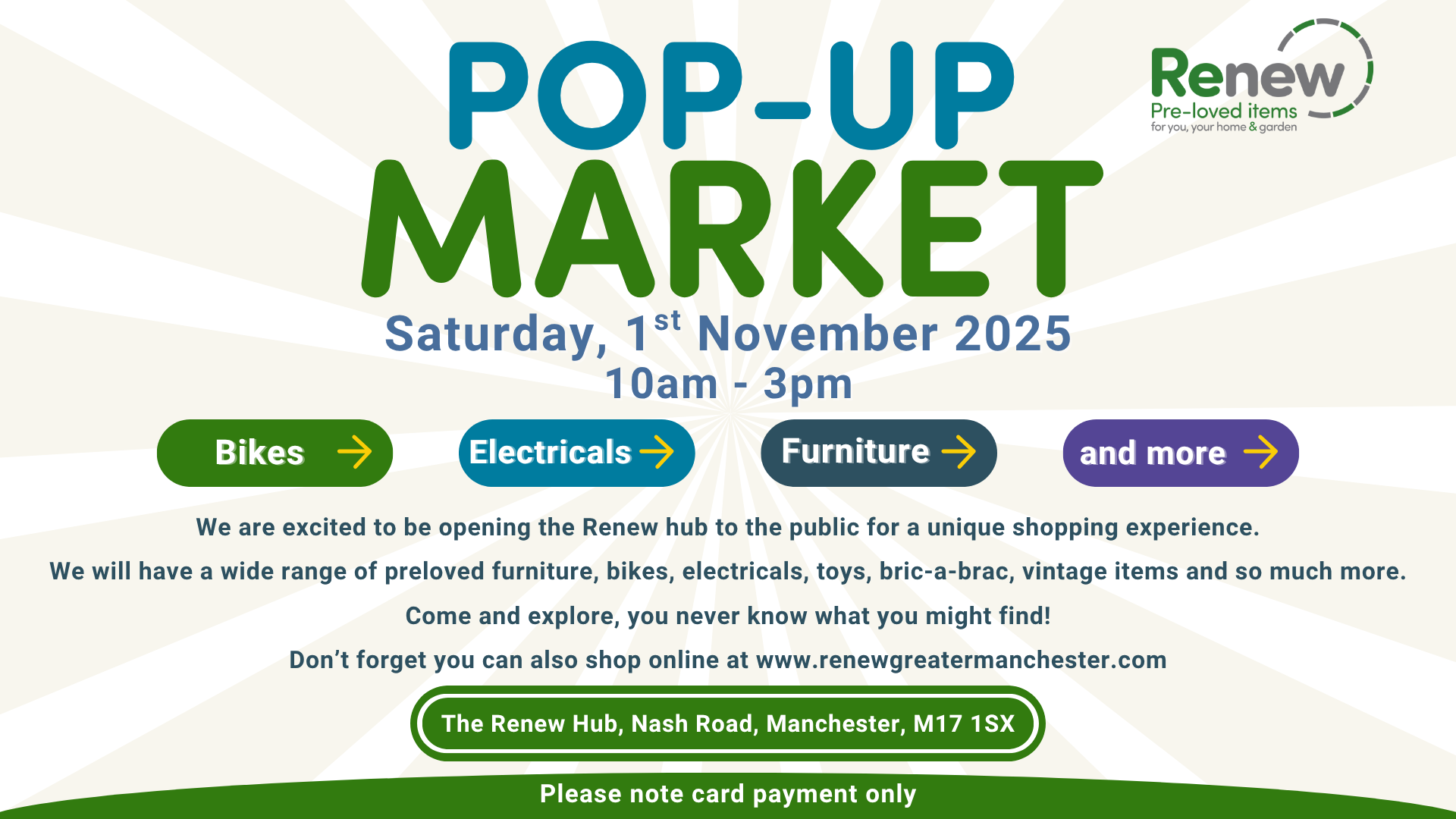 Renew mark pop up shop poster Saturday 1 November 2025