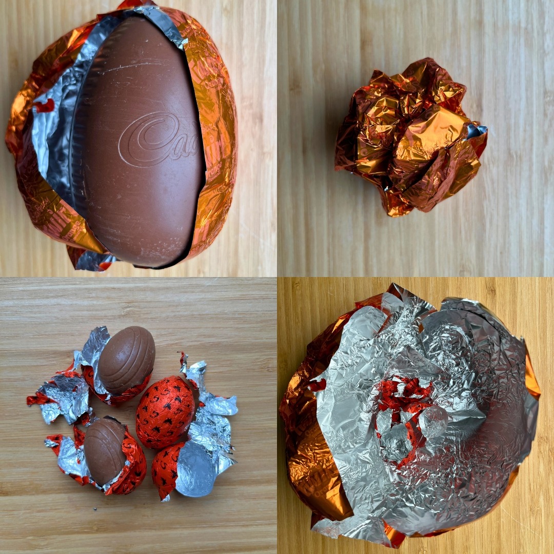 Foil from diffrent sized Easter eggs being combined into one golfball sized foil ball 