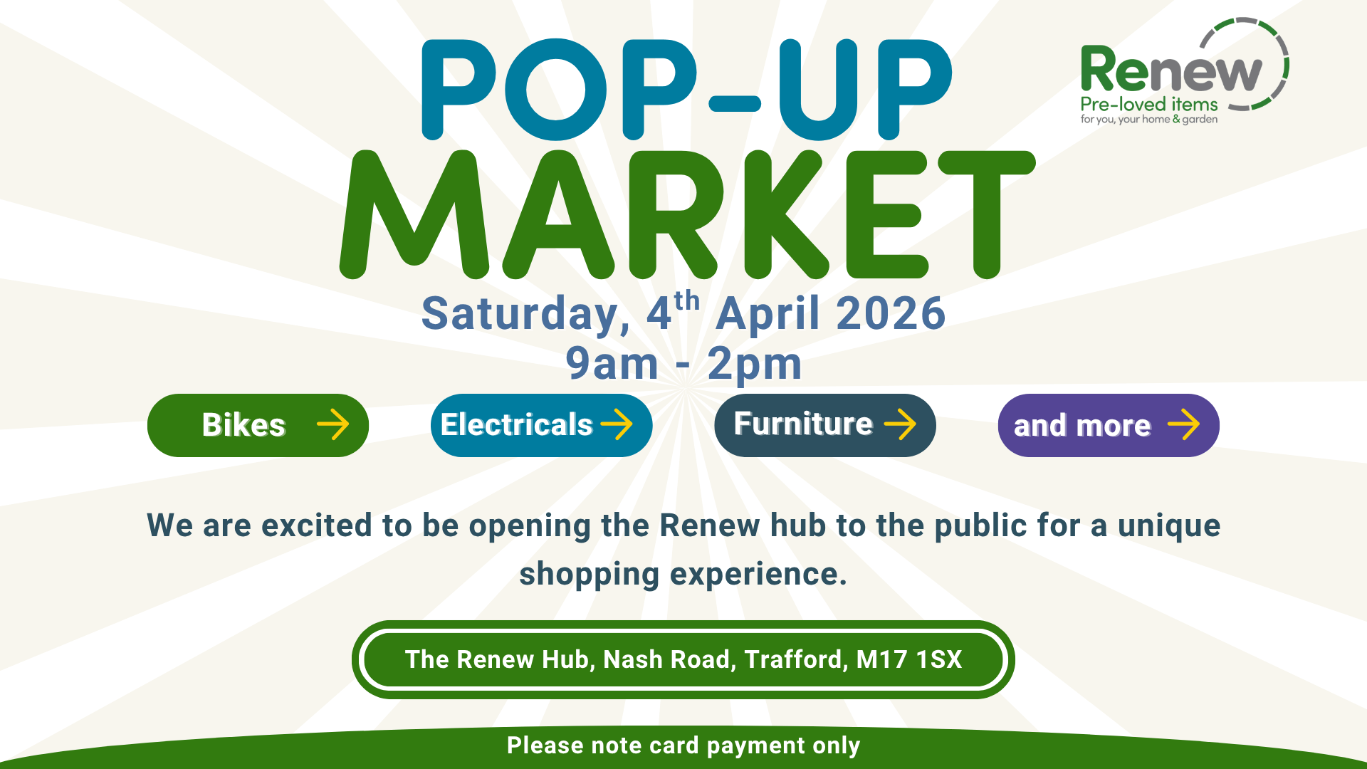 Pop up market 4th April 9am to 2pm . The Renew Hub Nash Road Trafford, M17 1SX. Please note card payment only.
