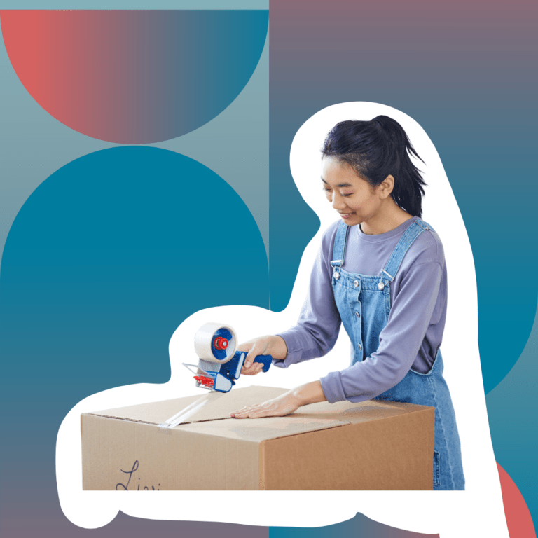 Young woman taping a moving box