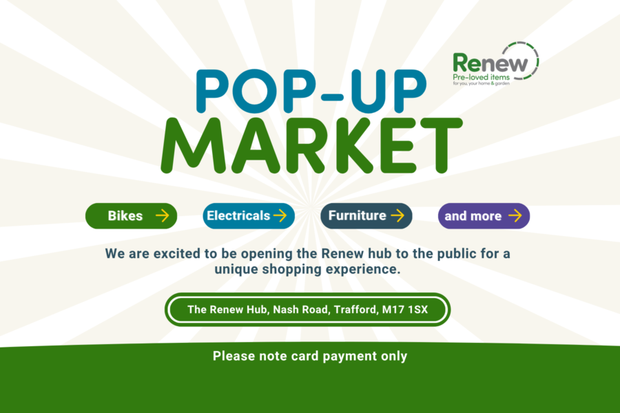 Pop up market poster bike electricals furniture and more he Renew hub Trafford M17 1sx