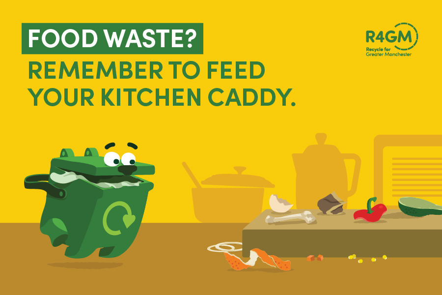 image of a food waste caddy that looks like a hungry pet. Food waste remember to feed your food waste caddy, R4GM logo