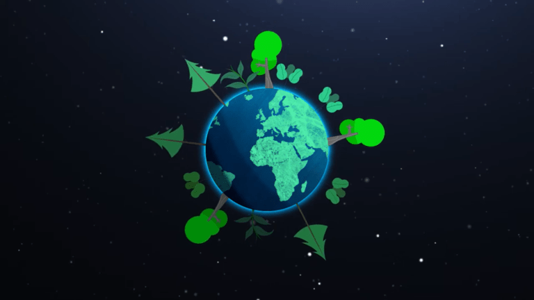 animated image of planet earth with large trees and flowers coming off from surface