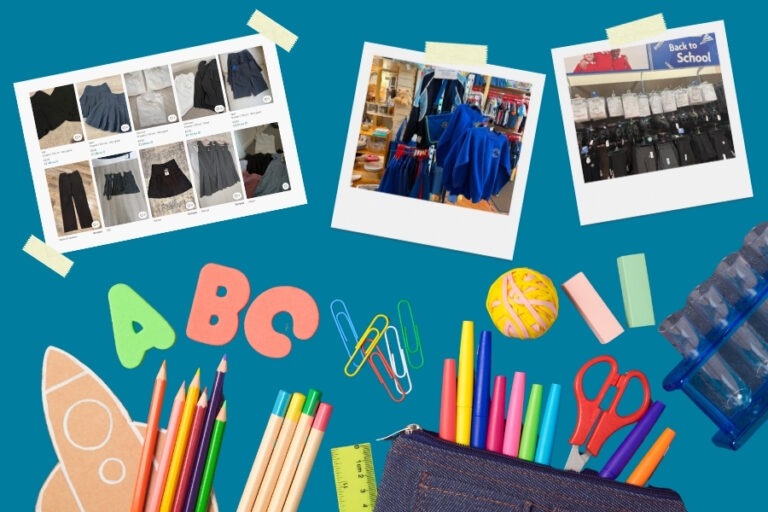 Polaroid photos of school uniform, cut out letters and a pencil case on a blue background