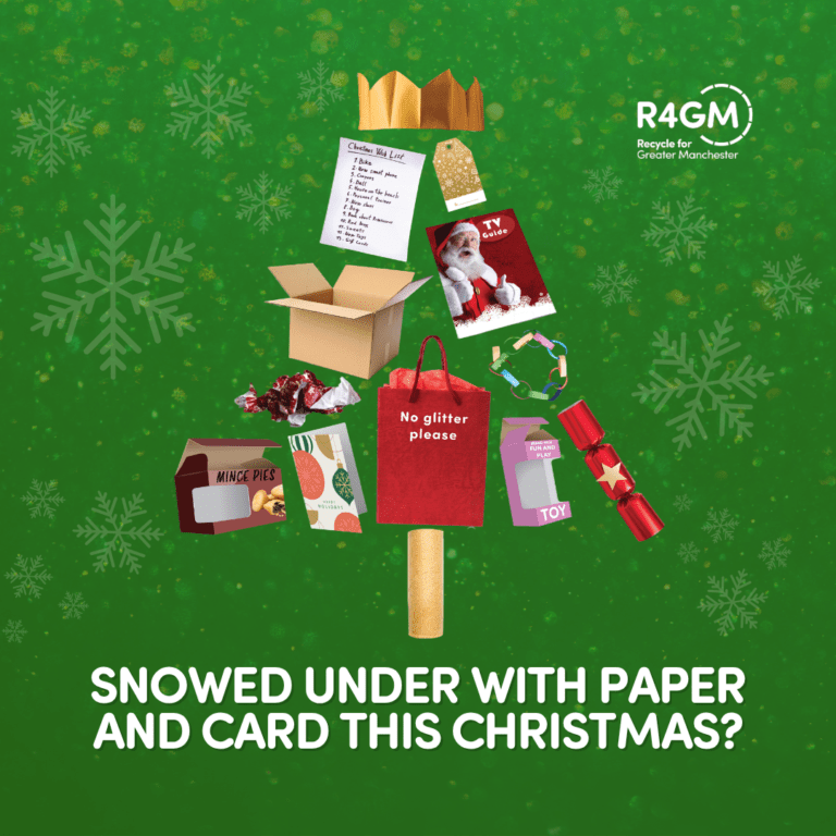 a Christmas tree made from recyclable paper and card items, including greeting cards and paper cracker crown. Snowed under with paper and card this christmas?