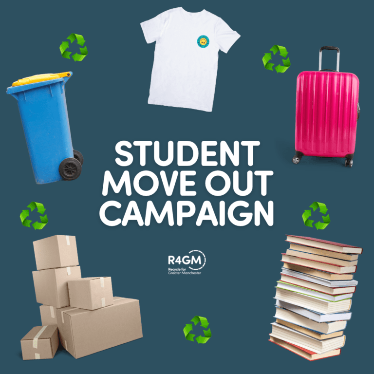 Student move out campaign. Moving boxes, wheelie bin, t shirt, suitcase, stack of books with recycling symbols