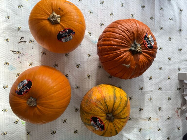 4 pumpkins on a table