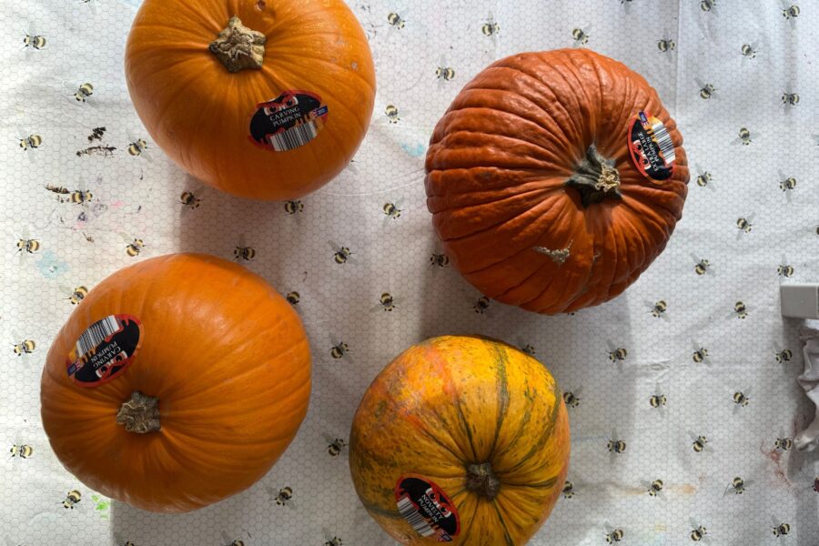 4 pumpkins on a table