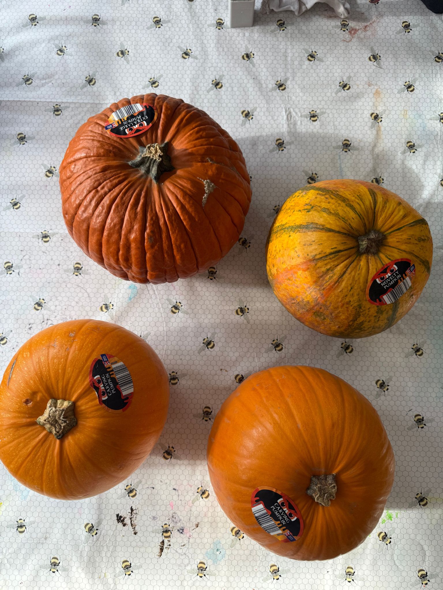 4 pumpkins on a table