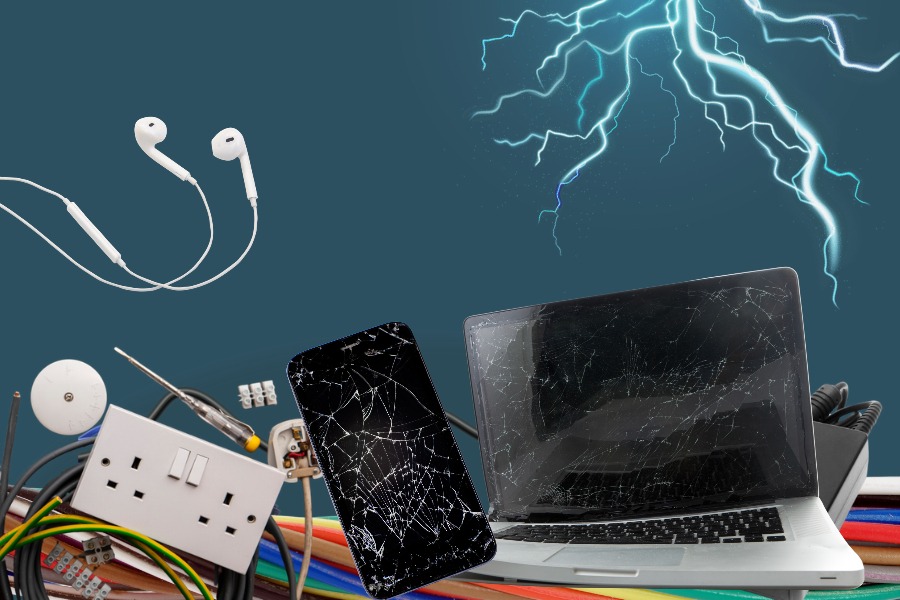 Photos of broken laptops, electrical wires, broken phones, headphones on a blue background with a lightning strike beside it