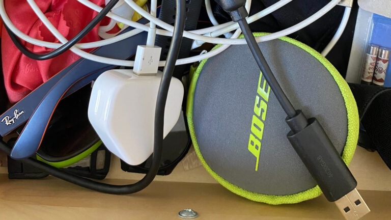 image of chargers, wires, cables, headphones,
