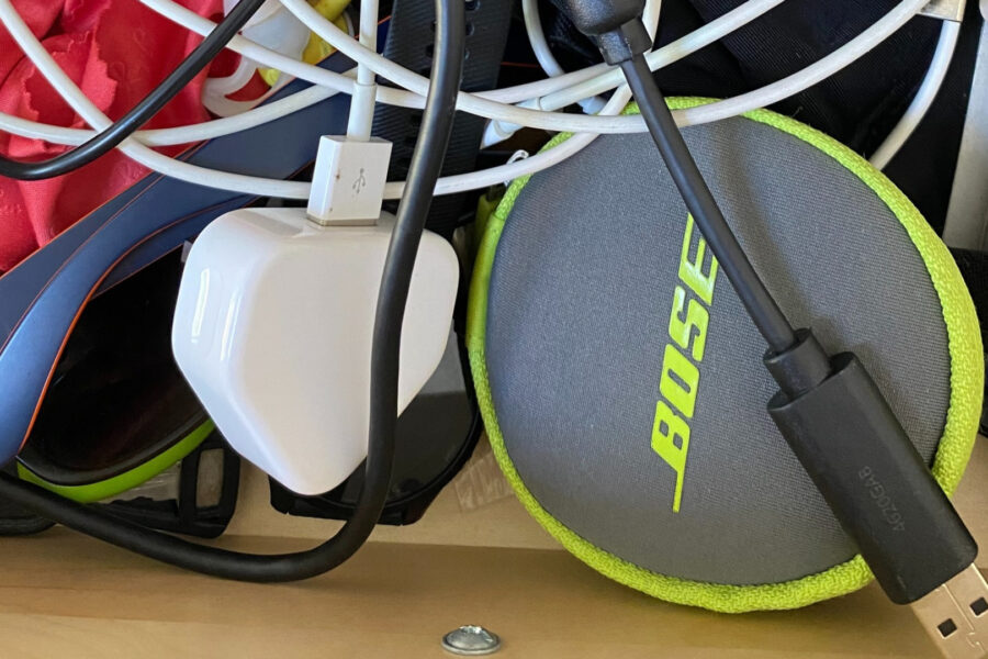image of chargers, wires, cables, headphones,