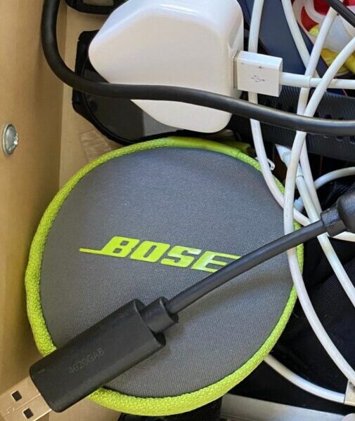 image of chargers, wires, cables, headphones,