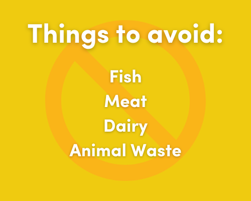 yellow background with orange stop sign icon, text reads: Things to avoid: Fish, Meat, Dairy, Animal Waste